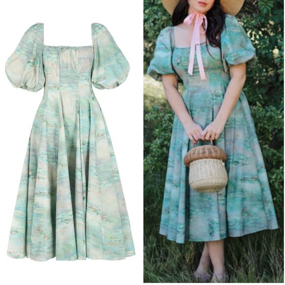 BEST Selkie The Water Lilies Day Midi Dress XSmall Green Cotton Party Cocktail - Picture 2 of 14